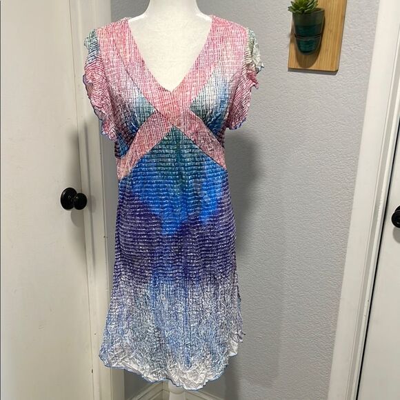 Carine Ruffle Sleeve V Neck Purple & Blue Pattern Dress Size Medium - Picture 1 of 7